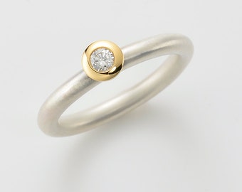 Ring mit Diamant in Silber und 18 kt Gelbgold, Verlobungsring, Freundschaftsring, Ring mit Diamant, Stapelring Diamant,Solitär