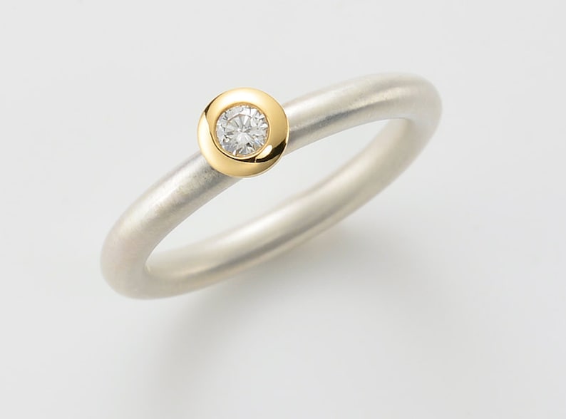 Ring with Diamond in Silver and 18kt Yellow Gold, Diamond Ring, Engagement Ring, Friendship Ring, Diamond Ring, Diamond Stacking Ring image 1