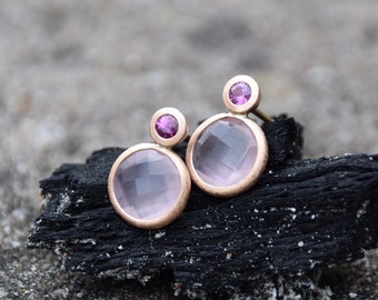 18kt Rose Gold Studs, Rose Gold with Rose Quartz and Safir Pink, Bridal Jewelry, Gift for Women, Valentine's Day Gift, Round Studs