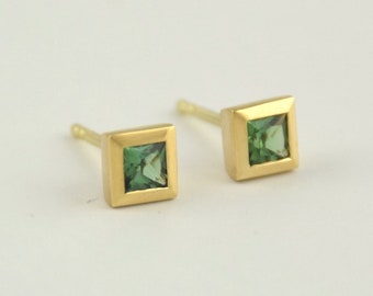 Tourmaline Green Stud Earrings, 14k Yellow Gold Wedding Wedding Princess Cut, Birthstone Bridal Jewelry Turquoise Green