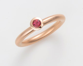 18kt rose gold engagement ring with RHODOLITE garnet pink, band, stacking ring, gold ring, round stone ring, minimalist ring Description on