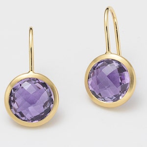 Pendientes de amatista en oro de 18 kt, pendientes de oro con amatista, joyas de amatista, pendientes con piedra morada, pendientes con piedra redonda