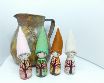 The Four Seasons Mini Version Hand Painted Gnomes A Set Of Four Hand Crafted Wooden Peg Dolls Waldorf Crafts