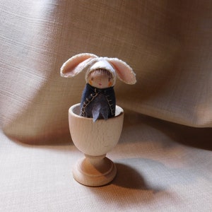 Wooden Egg Cup , Little Bunny Wooden Peg Doll,  Playset , Waldorf Craft