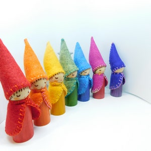 Rainbow Gnomes, Wooden Waldorf  Peg Dolls