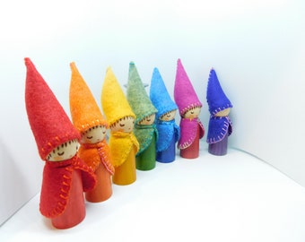 Rainbow Gnomes, Wooden Waldorf  Peg Dolls