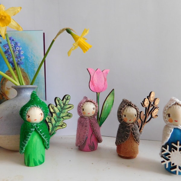 Frühling, Sommer, Herbst, Winter, saisonale Feen-Peg-Puppen, Blumen-Peg-Puppe, Feen-Geschenk, Waldorf-Handwerk