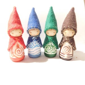 The Four Elements, Hand Painted Gnomes, Waldorf Peg Dolls