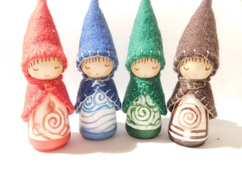 The Four Elements, Hand Painted Gnomes, Waldorf Peg Dolls