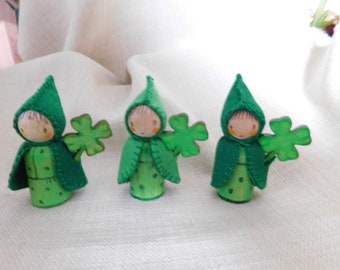 Gnome Peg Doll Whimsical Good Luck Keepsake With Shamrock Leaf Waldorf Doll