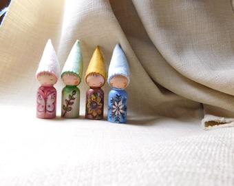 The Four Seasons Spring ,Summer ,Autumn .Winter Faerie Gnomes, Waldorf  Peg Dolls