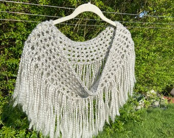 Cool Beige Crocheted Mesh and Fringed Cowl