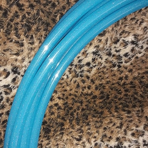 May include: A close-up of a blue hoop with a sparkly finish. The hoop is made of plastic and is approximately 3/4 inch thick.
