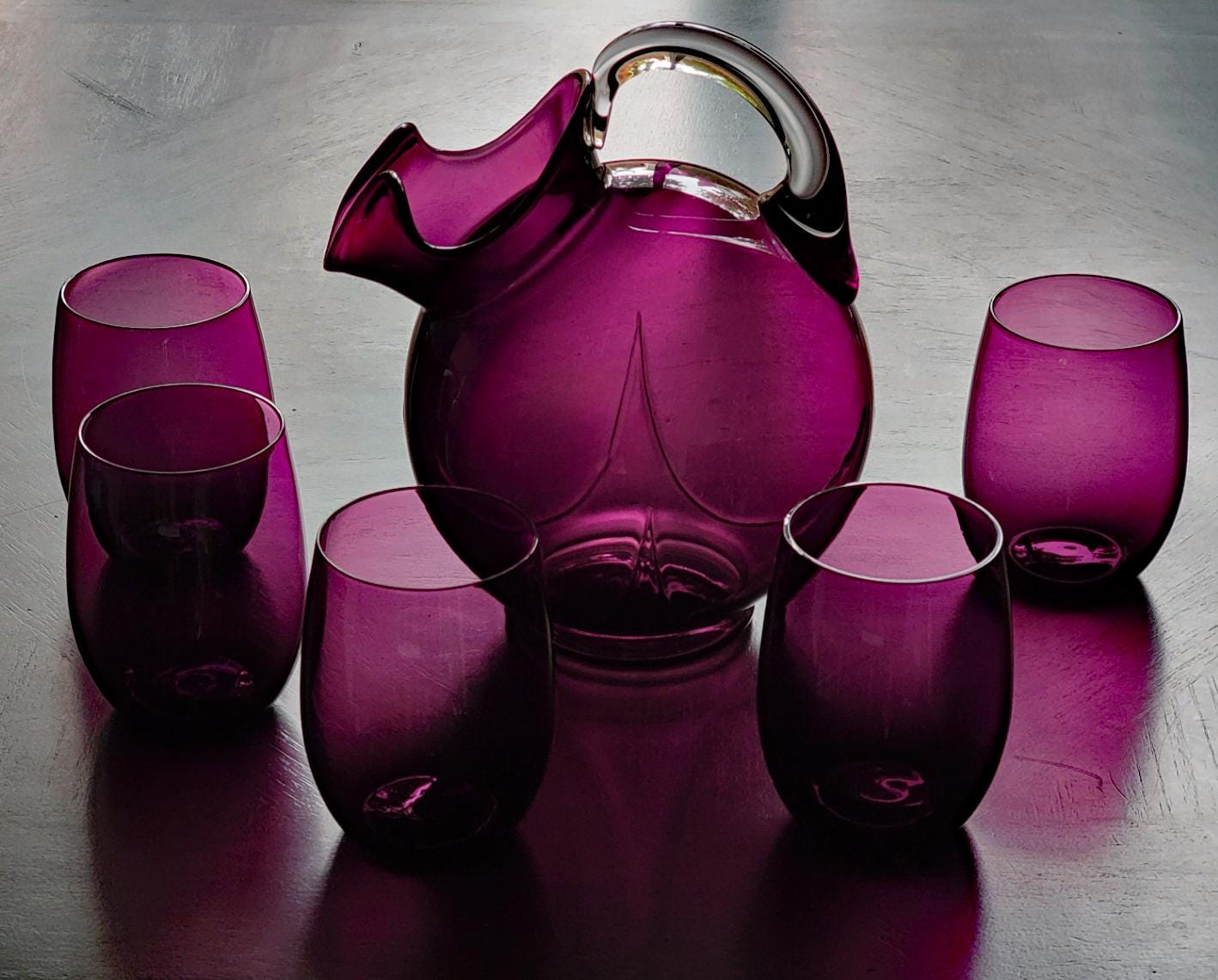 Vintage Cambridge Amethyst Art Glass Tilted Ball Pitcher From the
