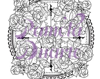 May include: A black and white line drawing of a circular wreath of peonies. The wreath is surrounded by a decorative border. The text "Peonies Paeonia" is at the bottom of the image. The text "©2016 Pamela Duarte" is at the bottom right of the image.