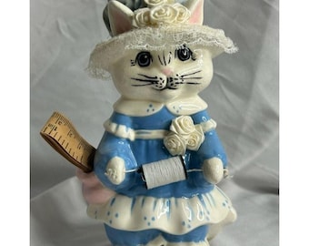 Kit de costura con alfileres de cerámica vintage de Arnart Japón con forma de gatito y cinta métrica