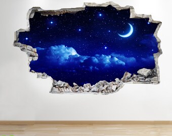 Moon And Stars Night Sky Wall Sticker 3d Look - Sunset Boys Bedroom Lounge Z147