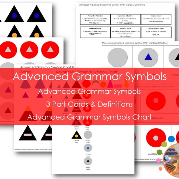 Montessori Advanced Grammar Symbol Package PDF, 3 Part Cards, Definitions, Chart, Elementary Grammar