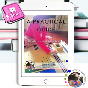 May include: A digital tablet displaying a pink and white cover for an ebook titled "A Practical Guide to Montessori & Homeschooling: Early Math". The cover features a child working with a Montessori learning activity.