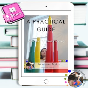 Peut inclure: L'écran d'une tablette numérique affiche la couverture d'un livre intitulé "A Practical Guide to Montessori & Homeschooling: Montessori Basics" par Cherine Muirhead. La couverture présente une illustration colorée d'un enfant jouant avec des blocs empilables.