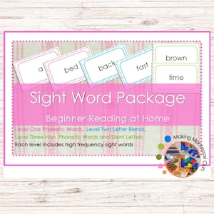 May include: A pink and white educational package titled "Sight Word Package" for beginner reading. The package includes flashcards with sight words like "a", "bed", "back", "fast", "brown", and "time". The package is designed for at-home learning.
