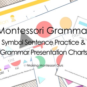 Puede incluir: Cartas de presentación de gramática y práctica de oraciones simbólicas Montessori. Cartas coloridas con formas geométricas y texto, incluyendo "Hey! The", "Wow!", "Look! I", "hit the", "fast", "helps to identify a", "a horse", "an apple", "the car".