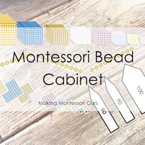May include: A Montessori bead cabinet with a set of colorful bead cubes and number cards. The cubes are arranged in a line from largest to smallest, with the largest cube being yellow and the smallest cube being green. The number cards are labeled 80, 90, and 100.