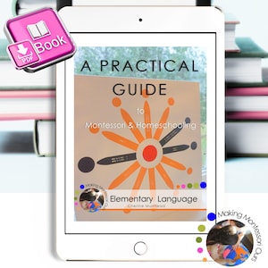 May include: A digital tablet displaying a book cover for "A Practical Guide to Montessori & Homeschooling: Elementary Language" by Cherine Muirhead. The cover features a colorful illustration of a flower with a red center and orange petals.