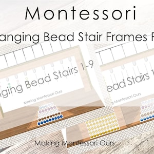 Peut inclure: Deux cadres d'escalier à perles Montessori imprimables. Le premier cadre est intitulé "Hanging Bead Stairs 1-9" et le second cadre est intitulé "Bead Stairs 11-19". Les deux cadres sont en bois et ont une finition brun clair.