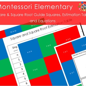 Guía Montessori para primaria: cuadrados, raíces cuadradas y cuadrados, PDF imprimible