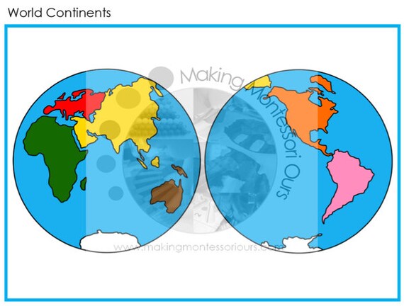 montessori world continent maps flag 3 part cards pin map etsy