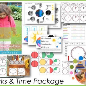 Ensemble PDF imprimable Clock & Time Work Montessori, apprenez tout sur les horloges et l'affichage de l'heure et bien plus encore