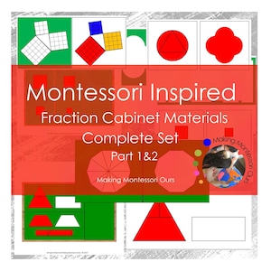 May include: Montessori Inspired Fraction Cabinet Materials Complete Set Part 1 & 2.  A red, green, and white printable set of fraction manipulatives for teaching math concepts.