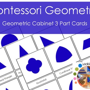 Tarjetas de 3 partes del gabinete geométrico Montessori en formato PDF: aprenda a identificar y nombrar formas geométricas