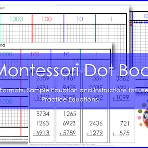Może przedstawiać: Drukowalna aktywność Montessori z tablicą kropek dla dzieci. Obraz przedstawia dwa różne formaty tablicy, przykładowe równania i równania do ćwiczeń. Tekst "Montessori Dot Board" jest napisany dużymi, pogrubionymi literami u góry obrazu.