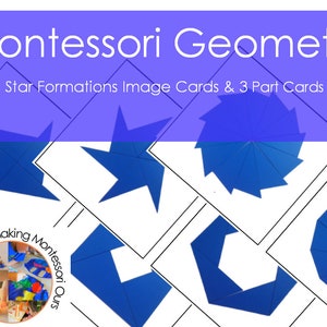 Matériaux de formation d'étoiles géométriques Montessori, boîte rectangulaire bleue, PDF, jeu de cartes et de motifs, activité d'apprentissage de la géométrie