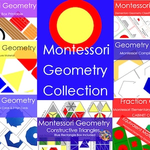 Puede incluir: Una colección de materiales de aprendizaje de geometría Montessori, que incluye un modelo imprimible de caja de palitos, material de figuras graduadas, tarjetas de imágenes de formaciones de estrellas, triángulos constructivos y un conjunto completo de insertos de gabinete. Los materiales son coloridos y presentan diversas formas geométricas.