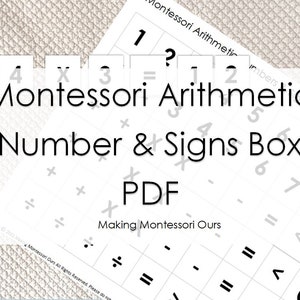 Puede incluir: Una descarga PDF imprimible en blanco y negro para la Caja de Números y Signos de Aritmética Montessori. El PDF incluye una cuadrícula de números y símbolos matemáticos, incluyendo suma, resta, multiplicación y división.