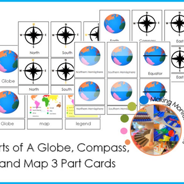 Himmelsrichtungen, Kompass, Teile des Globus und Karte 3 Teilkarten