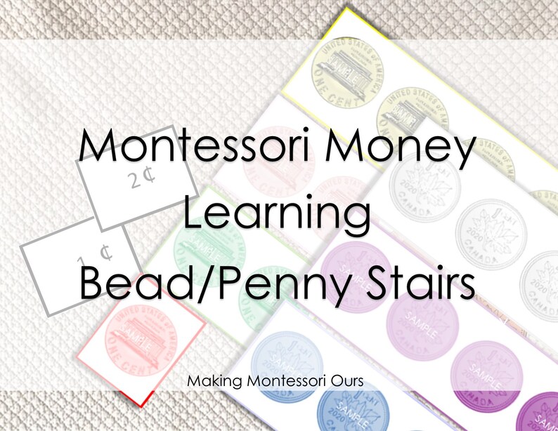 May include: A Montessori money learning activity using beads or pennies to represent different coin values. The image shows cards with the values 1&cent; and 2&cent;, and several colorful circles representing coins.