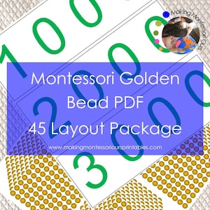 May include: A set of printable Montessori Golden Bead cards with numbers 1000, 2000, and 3000. The cards are white with green numbers and a blue and white text overlay that says "Montessori Golden Bead PDF 45 Layout Package www.makingmontessoriourprintables.com".