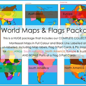 Montessori World Continent Maps, Flagge 3-teilige Karten & Pin Map Pieces Paket PDF
