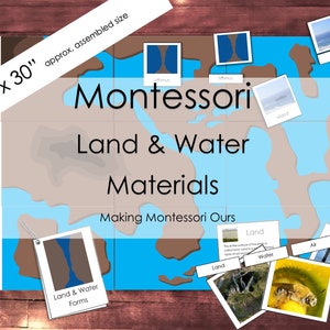 ¡Forma de tierra y agua y aire Montessori! Tarjetas de 3 partes con definiciones, folleto e instrucciones, tapete grande con forma de tierra y agua, PDF