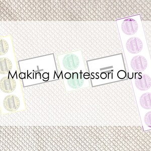 May include: A visual representation of a math problem using images of coins. The equation is "5 + 3 = 8". The text "Making Montessori Ours" is written below the equation.