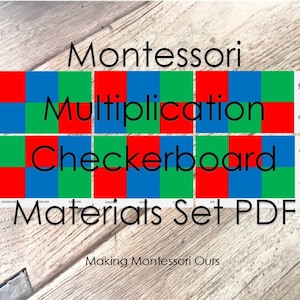 Może przedstawiać: Zestaw materiałów PDF do gry w mnożenie Montessori w postaci szachownicy. Obraz przedstawia kolorowy wzór szachownicy z czerwonymi, zielonymi i niebieskimi kwadratami.