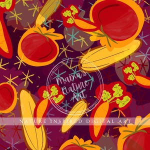 Op de afbeelding: Een herhalend patroon van gestileerde groenten, waaronder tomaten, wortelen en courgettes, in tinten rood, oranje en geel, tegen een donkerpaarse achtergrond. Het ontwerp bevat de tekst "Mama's Nature Art" en "Nature Inspired Digital Art".