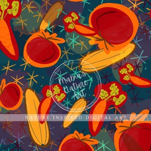 Peut inclure: Un motif d'art numérique avec des illustrations stylisées de légumes, dont des carottes, des tomates et des courges, dans des tons orange, rouge et jaune. Le motif est posé sur un fond bleu canard foncé avec des accents en forme d'étoiles. Le texte "Mama's Nature Art" et "NATURE INSPIRED DIGITAL ART" sont également visibles.