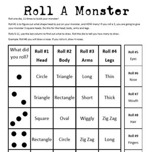 May include: A printable game board for creating a monster. The board has 11 rows, each with a different body part to draw. The player rolls a die to determine the number of times to draw each body part. The game includes instructions and a website address.