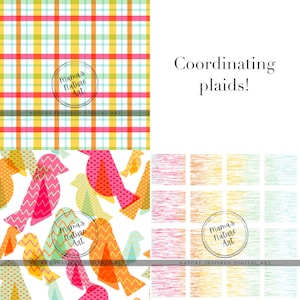 Puede incluir: Una colección de patrones de arte digital con cuadros y diseños de pájaros coordinados. Los patrones incluyen cuadros coloridos, siluetas de pájaros y cuadrados texturizados en tonos de rosa, naranja, amarillo y azul. También se ve el texto "Mama's Nature Art" y "Nature Inspired Digital Art".