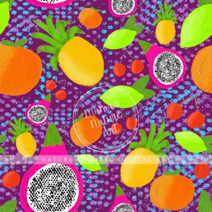 May include: A vibrant digital art print featuring a repeating pattern of colorful fruits. The design includes oranges, lemons, pineapples, dragon fruit, cherries, and limes against a purple background with blue and purple speckles. The text "Mama's Nature Art" and "Nature Inspired Digital Art" are also visible.